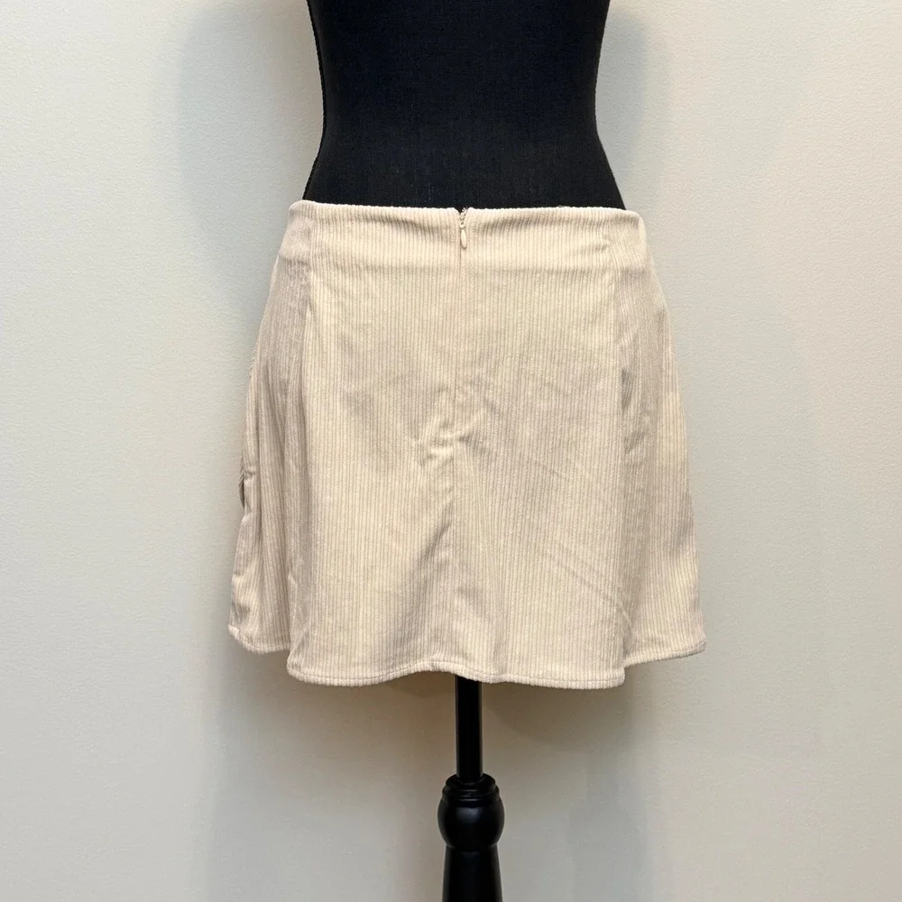 NEW Cupshe Corduroy Mini Skirt Cream Beige Ribbed Faux Wrap Women L Beach Casual